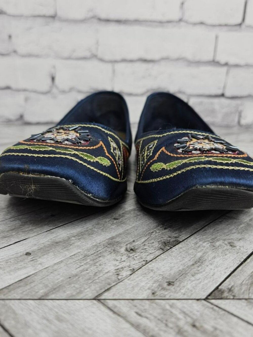 Predictions Womens Embroidered Navy Blue Fabric Flats 8 Slip On Ballet Shoes - Picture 7 of 11